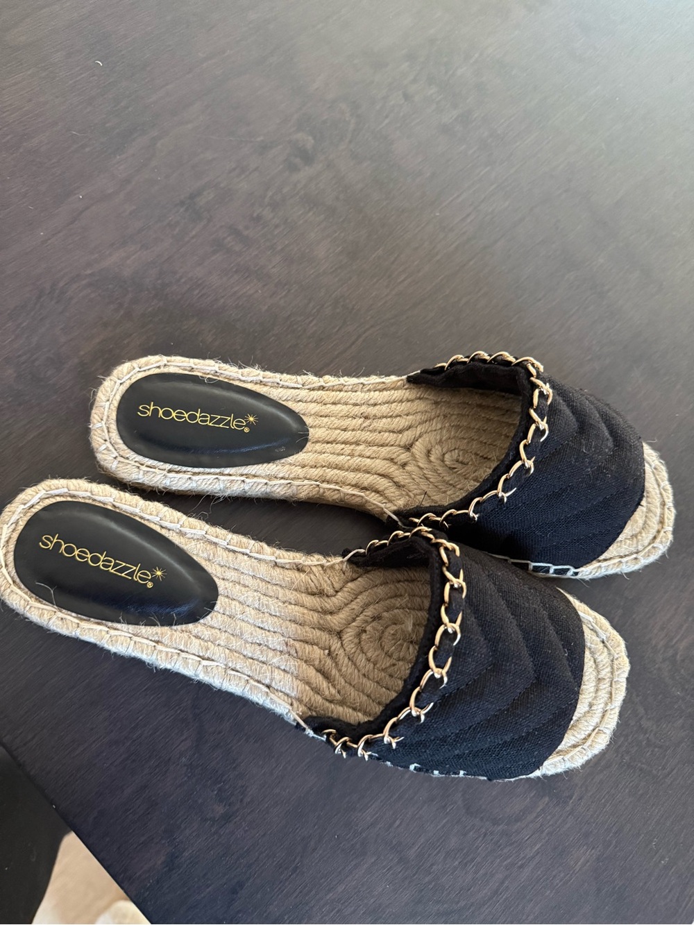 Shoe Dazzle Black Espadrille Chain-Trim Slide Mules